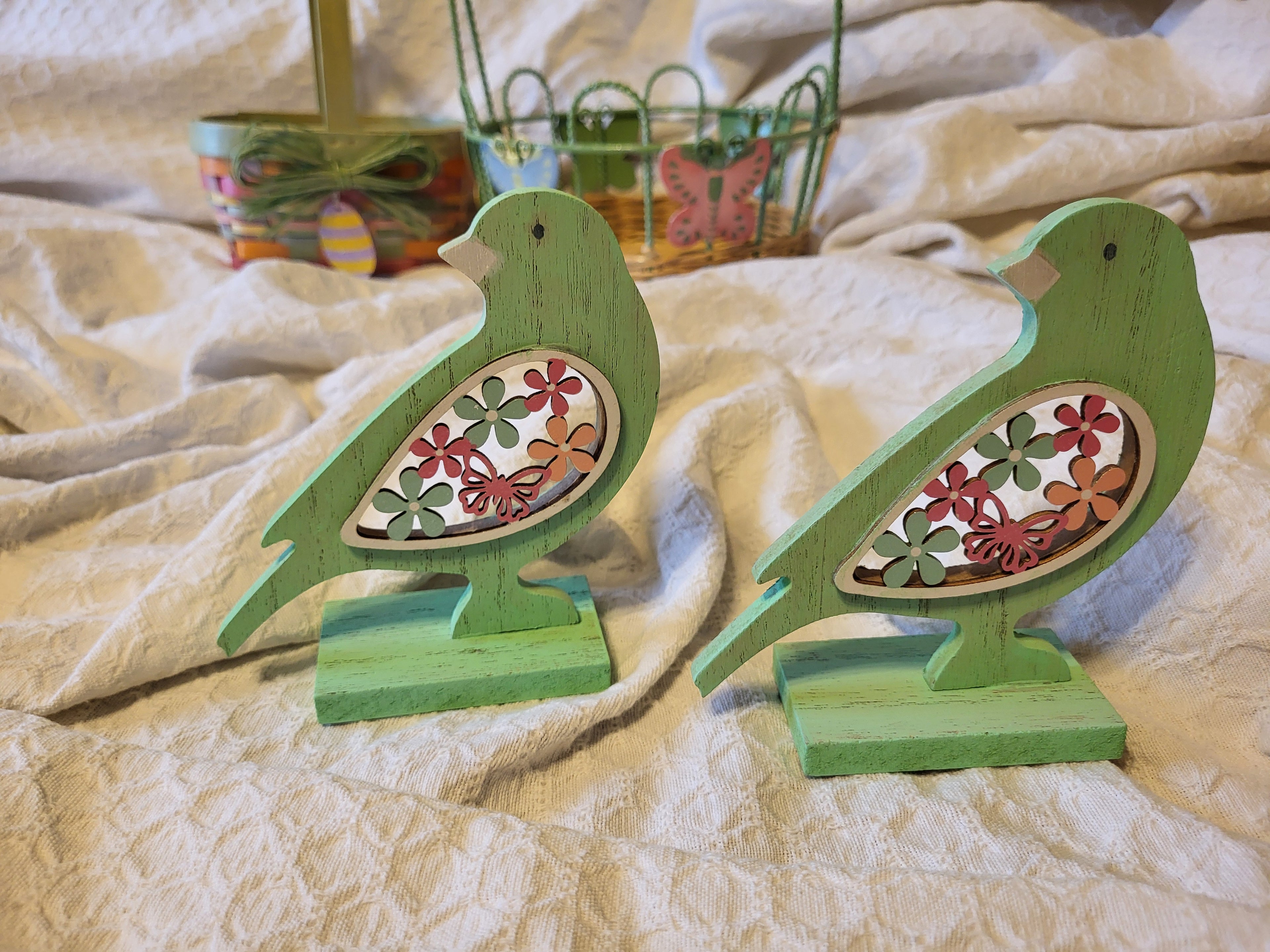 Hand painted Green Wooden Birds — Set of Two