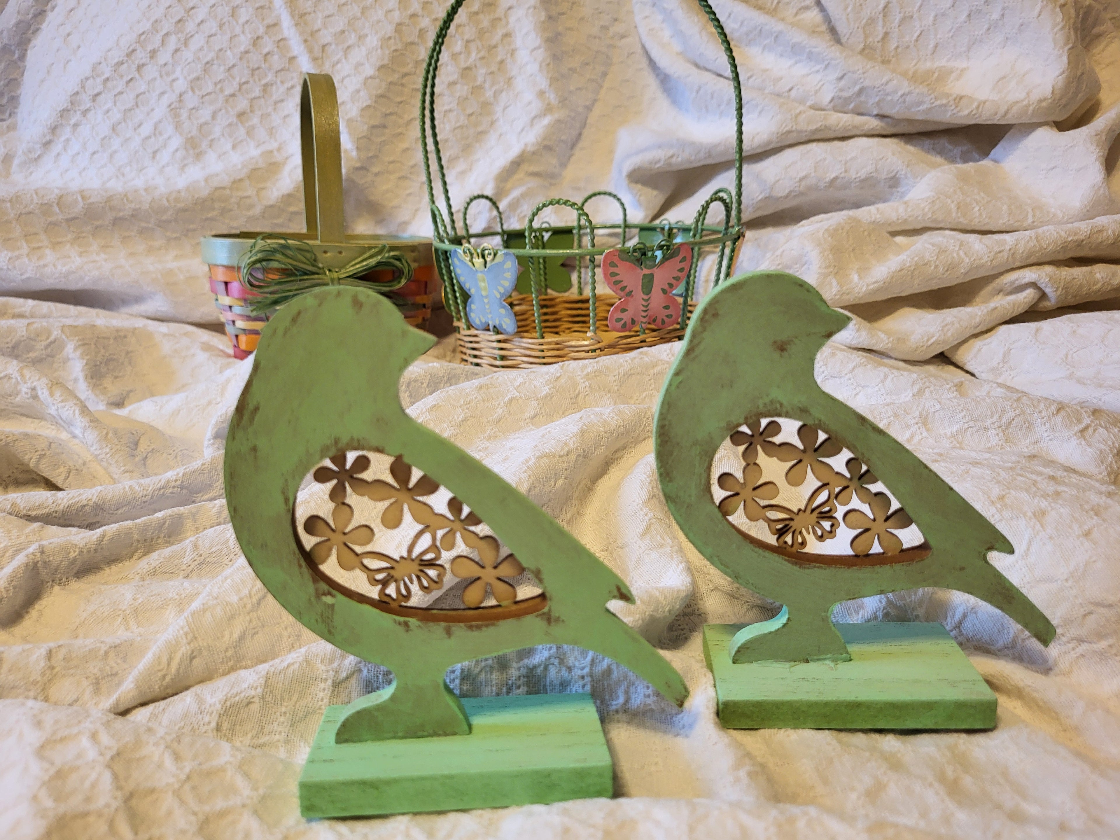 Hand painted Green Wooden Birds — Set of Two