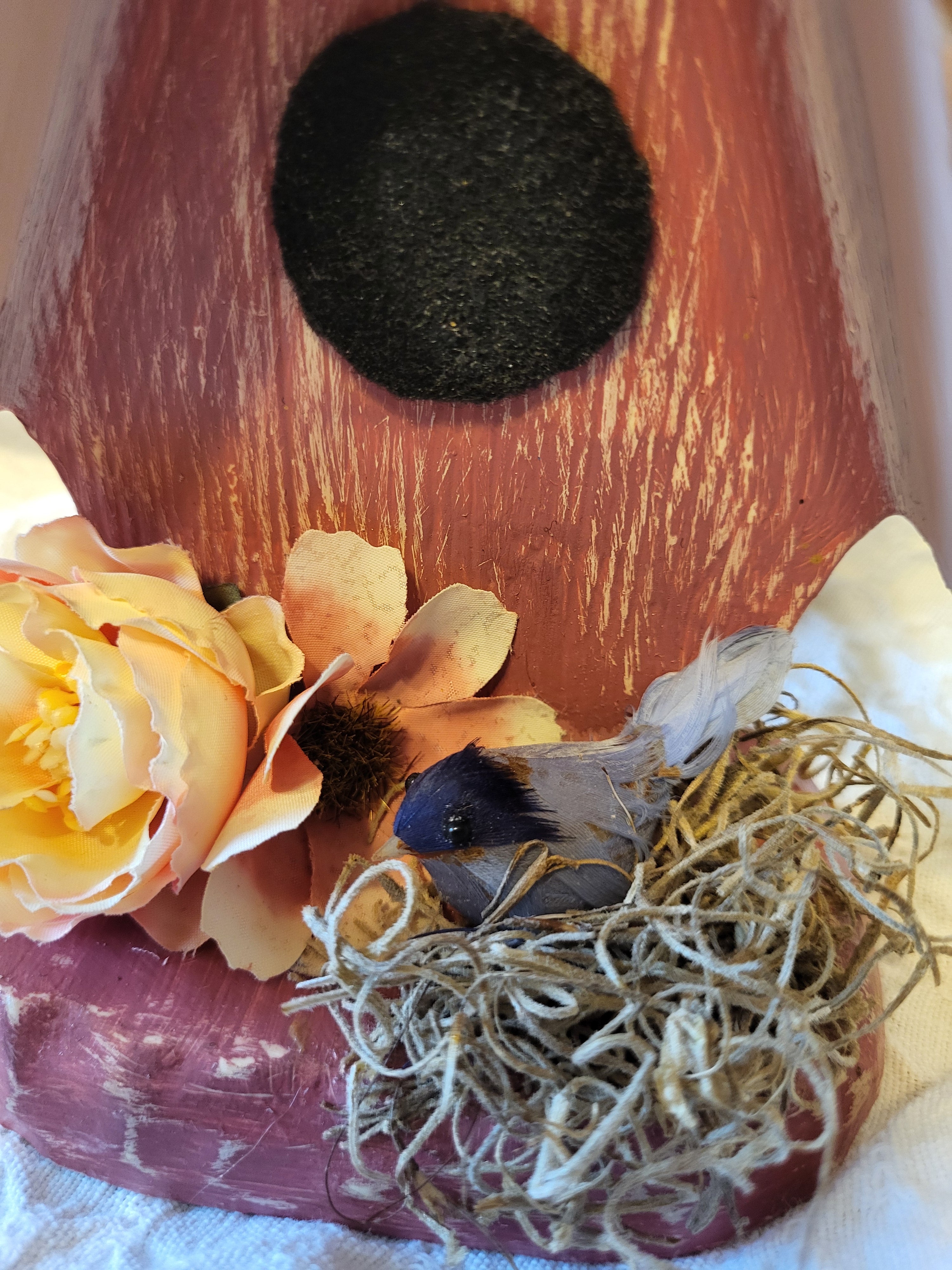 Upcycled Ceramic Birdhouse Décor with Flowers & Bird