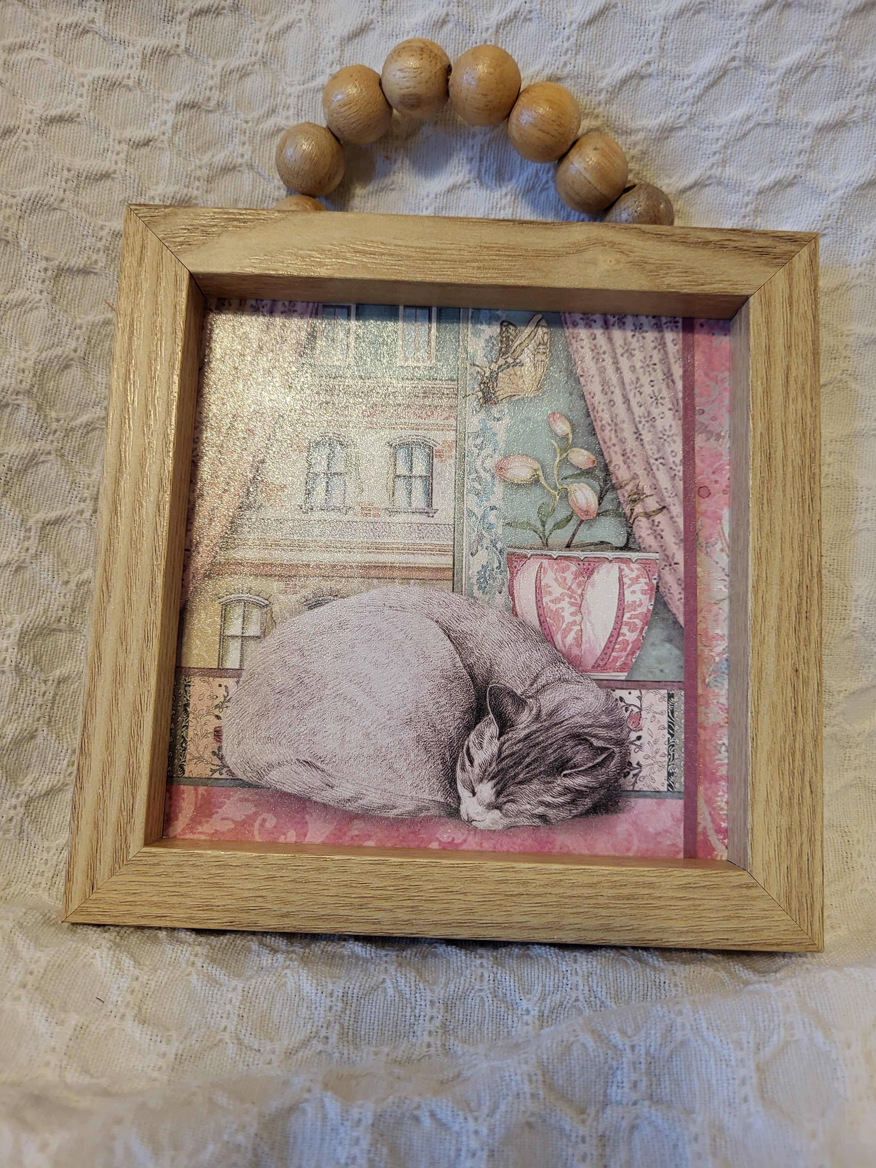 Sleeping Kitty Framed Wall Art — Handcrafted Cottagecore Home Decor