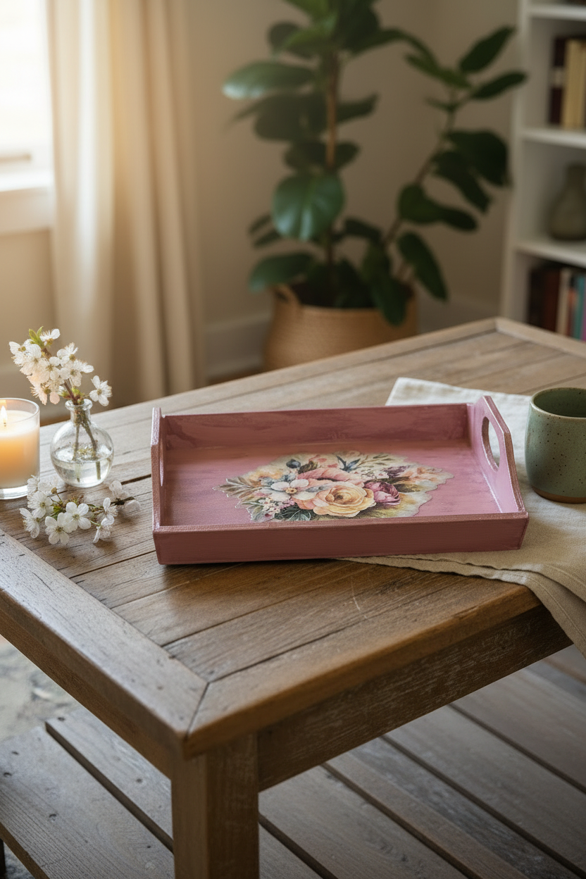 Hand-Painted Wooden Floral Tray – Portrait
