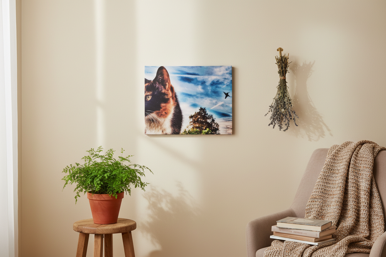 Look Away – Calico Cat & Hummingbird Canvas Print