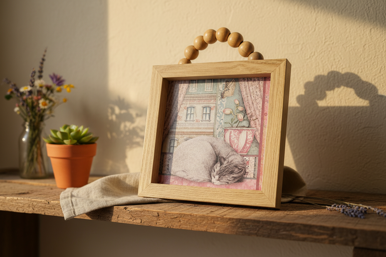 Sleeping Kitty Wooden Frame Art in Spring Setting