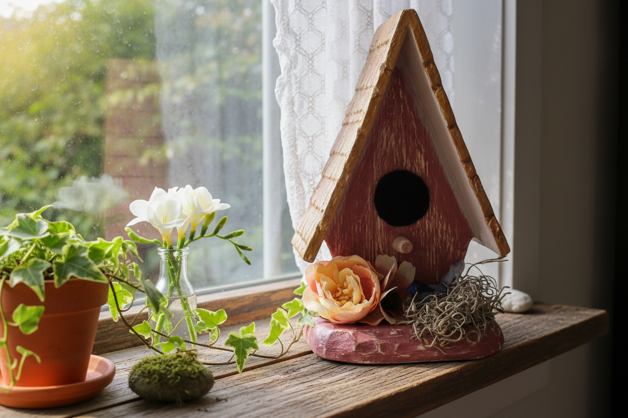 Upcycled Ceramic Birdhouse Décor with Flowers & Bird